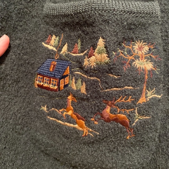 Charming Forest Green 100%  Pure Wool Embroidered Cardigan Christmas Sweater - Picture 3 of 5